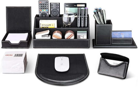 KINGFOM T31-6PCS/SET Office Desktop Decor Organizer Supplies Set PU Leather Remote Control Collection Holder, Pencil Box, Business Card Holder, Mouse Pad, Sticky Notes Paper and Dispenser