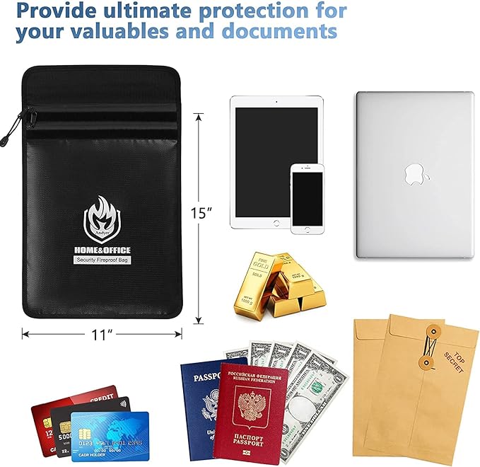 Upgraded Two Pockets Fireproof Document Bag (2000℉), andyer 15”x 11”Waterproof Fireproof Money Bag with Zipper, Waterproof Holder Pouch Fire Safe Envelope for Valuables, Legal Documents (Jet Black)