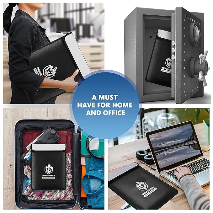 Upgraded Two Pockets Fireproof Document Bag (2000℉), andyer 15”x 11”Waterproof Fireproof Money Bag with Zipper, Waterproof Holder Pouch Fire Safe Envelope for Valuables, Legal Documents (Jet Black)